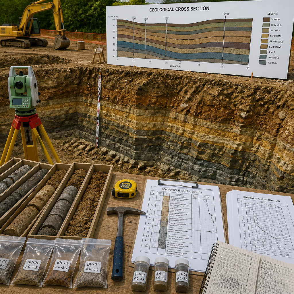 Équipement d'étude géotechnique et carottes de sol sur un chantier de construction
