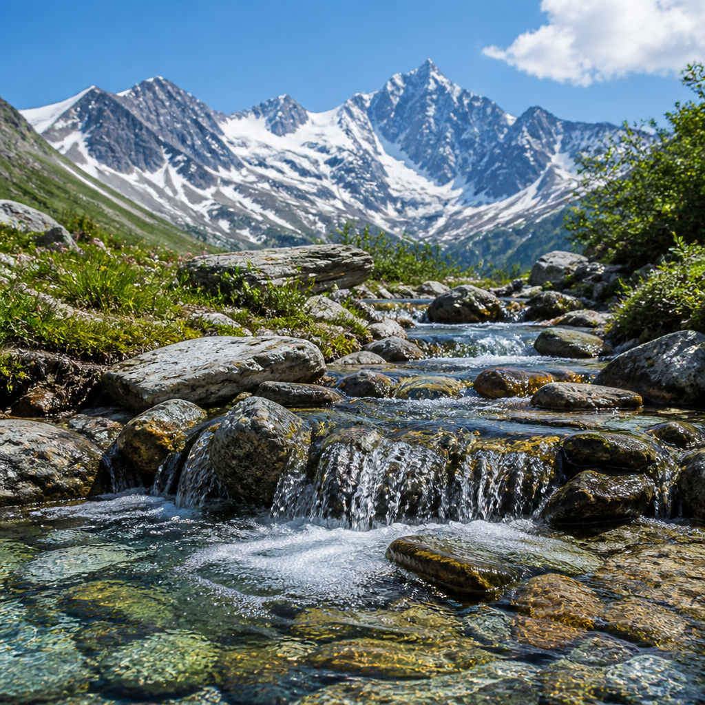 Pure glacial water flowing over stones in alpine mountain landscape