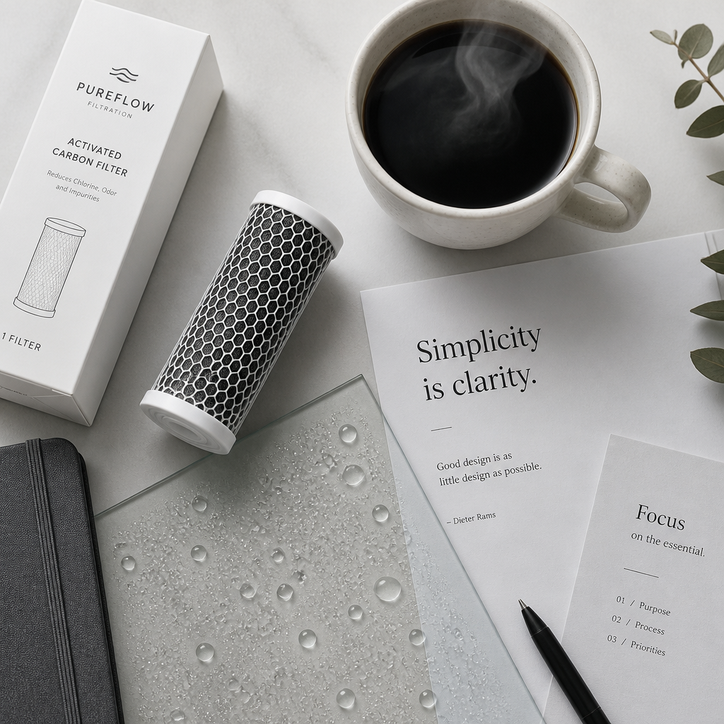 Flatlay of coffee cup, water, and filter elements in minimalist workspace setting