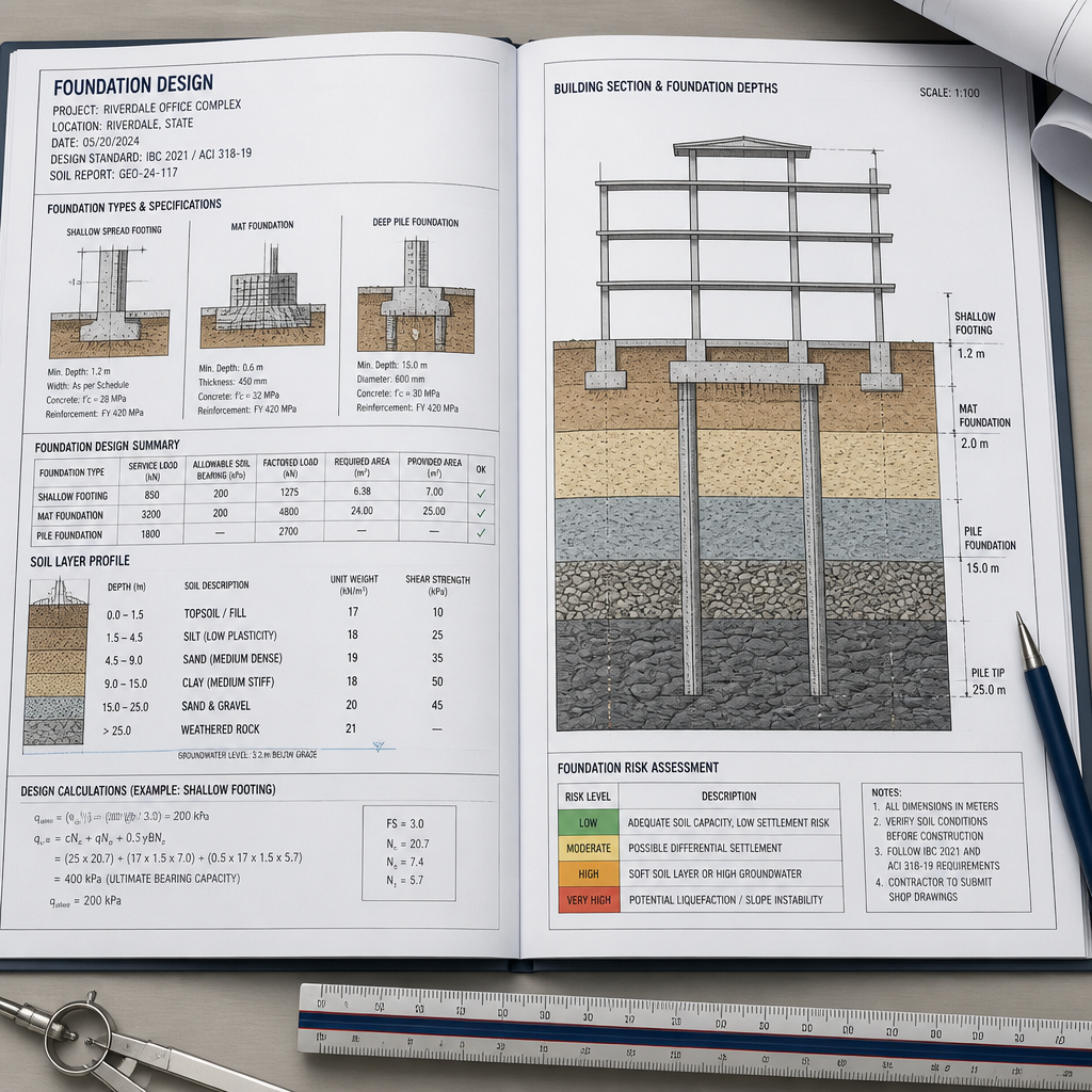 Plans d'étude géotechnique et dessins de fondations architecturales