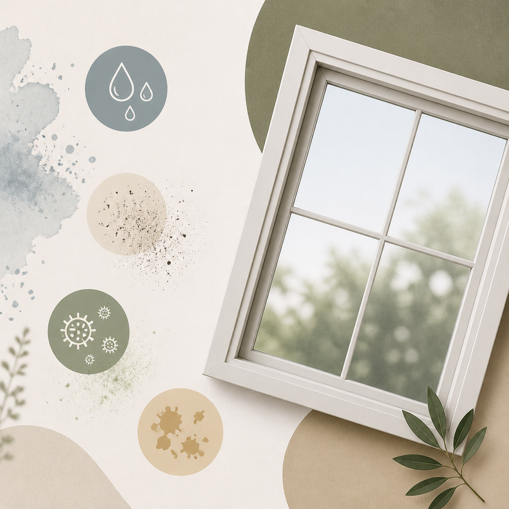 Abstract composition illustrating window cleaning challenges with geometric shapes and icons