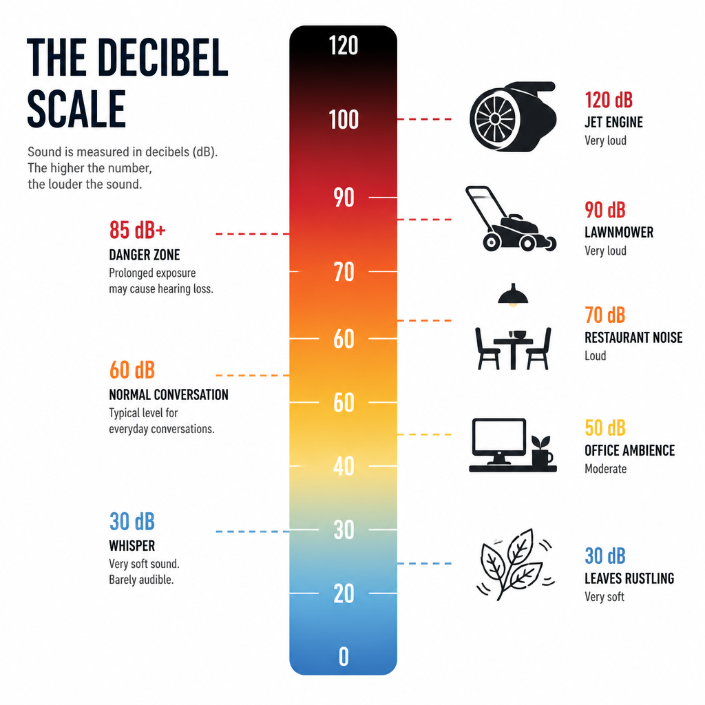Decibel scale visualization from quiet to dangerous noise levels with color gradient and sound source icons