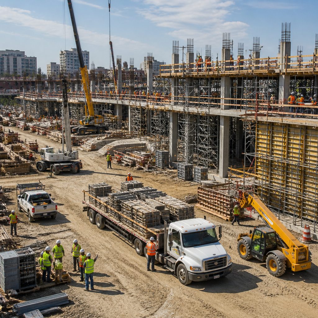 Construction site with multiple crew members spread across different areas and elevated platforms