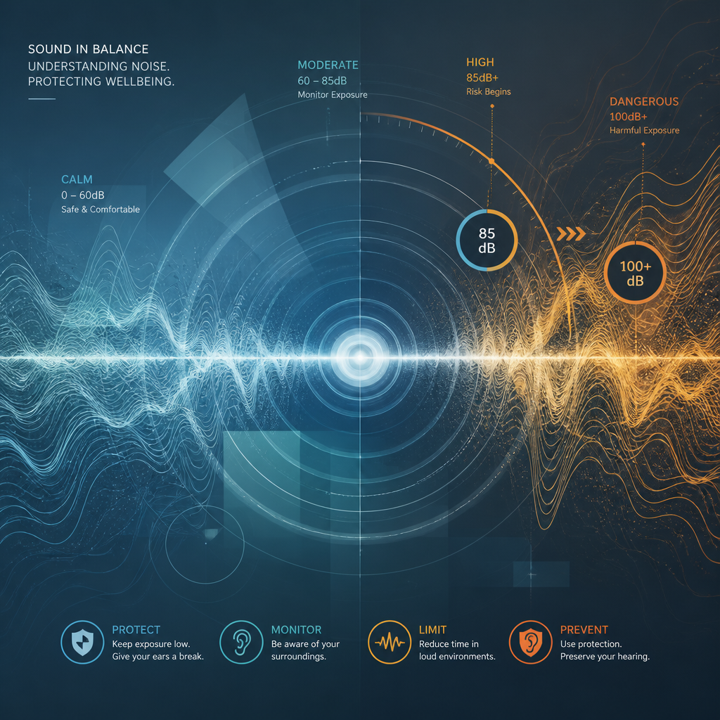 Abstract sound waves visualization depicting noise intensity progression and hearing damage threshold
