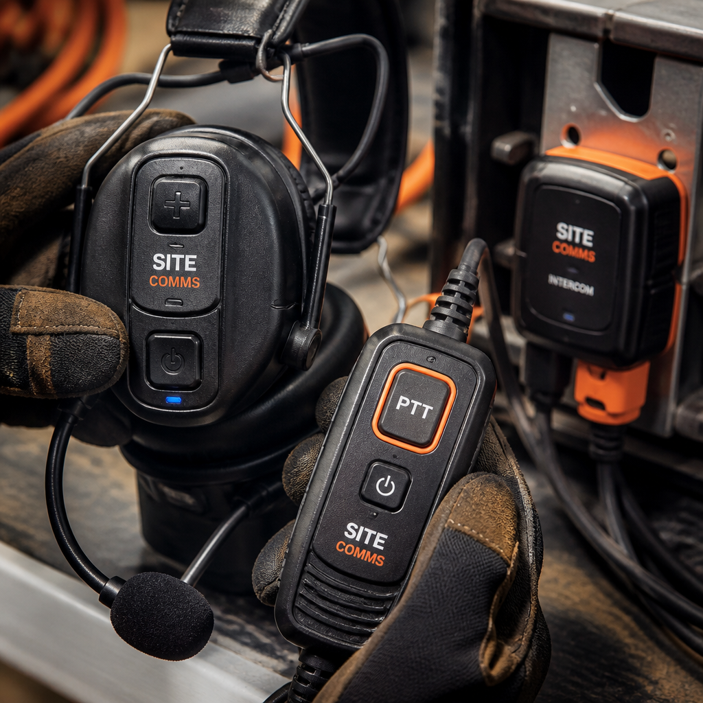 Construction-grade intercom headsets and communication devices with push-to-talk controls
