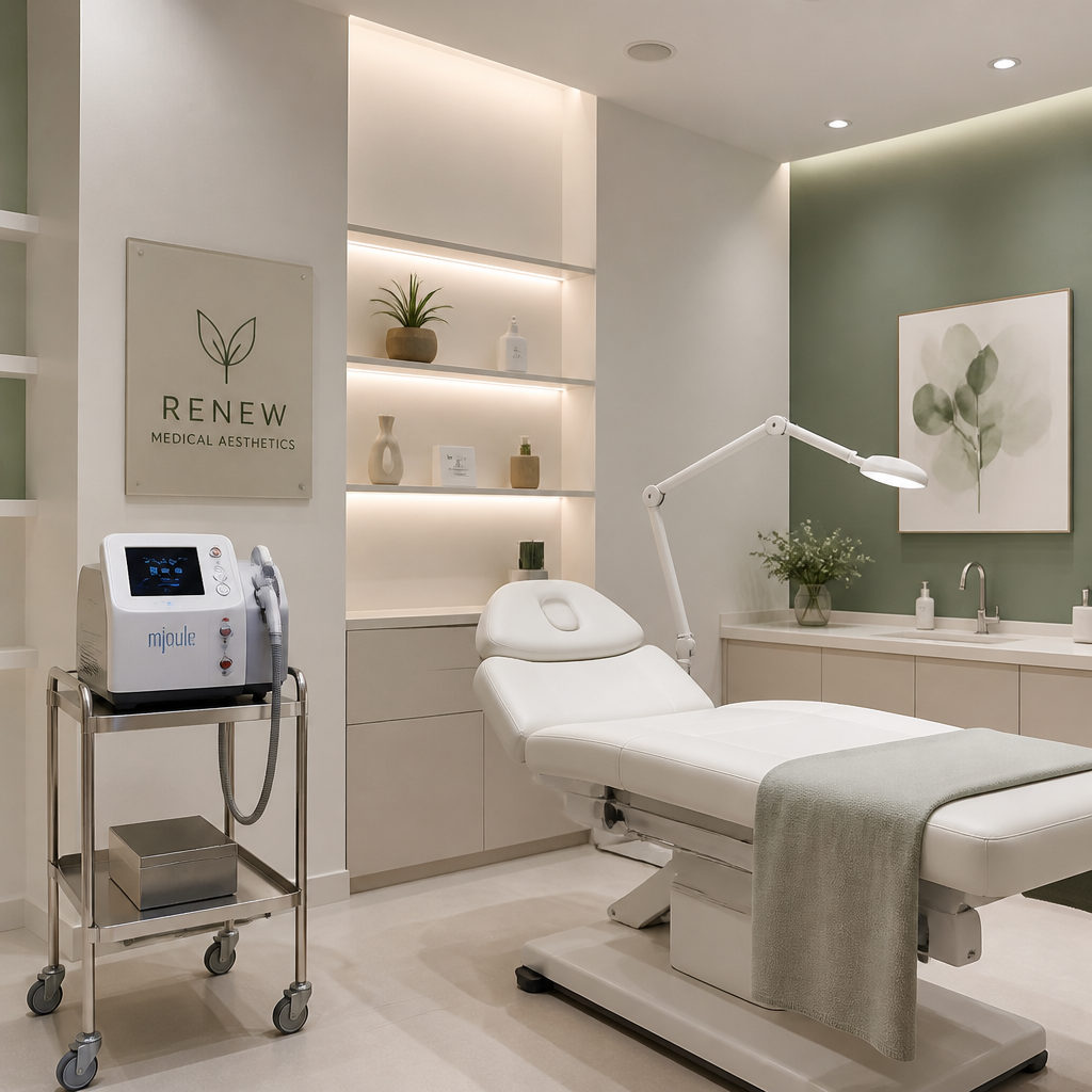 Professional laser hair removal clinic treatment room with modern equipment