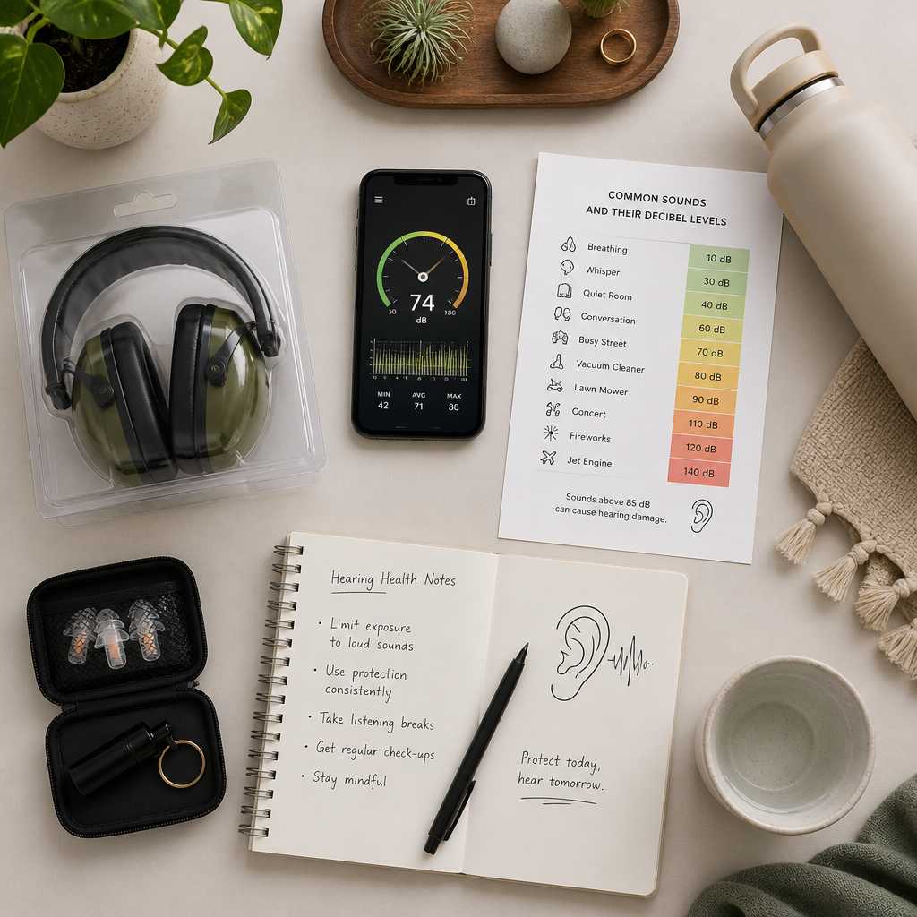 Flat-lay workspace arrangement of hearing protection devices and health awareness tools