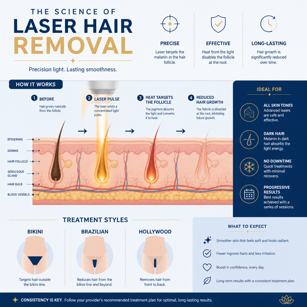 Scientific diagram illustrating how laser targets hair follicles at different skin depths