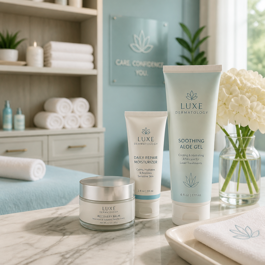 Calm spa environment with aftercare products and soft textures for laser treatment recovery