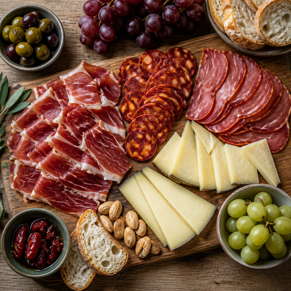 Mesa plana de tabla ibérica con embutidos y quesos españoles organizados artísticamente