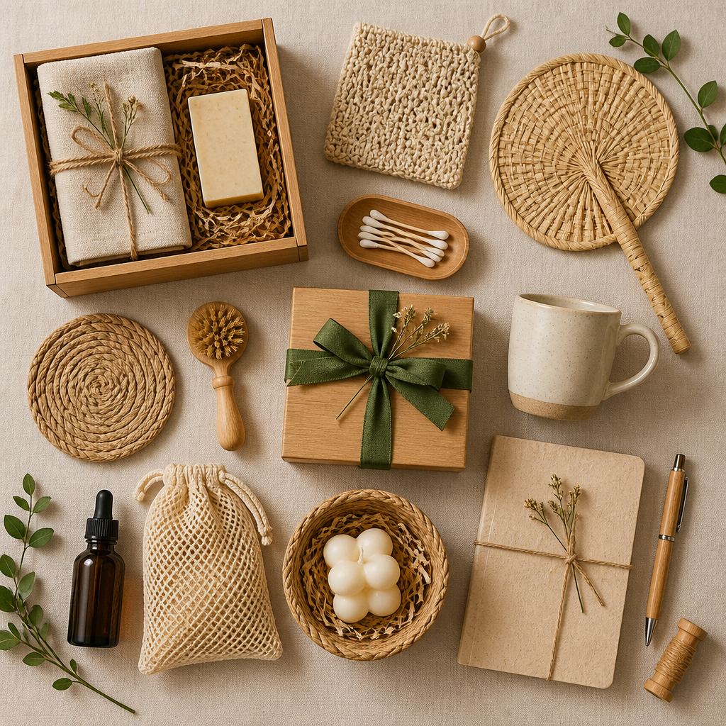 Curated collection of artisan-made eco-friendly products arranged for gift-giving