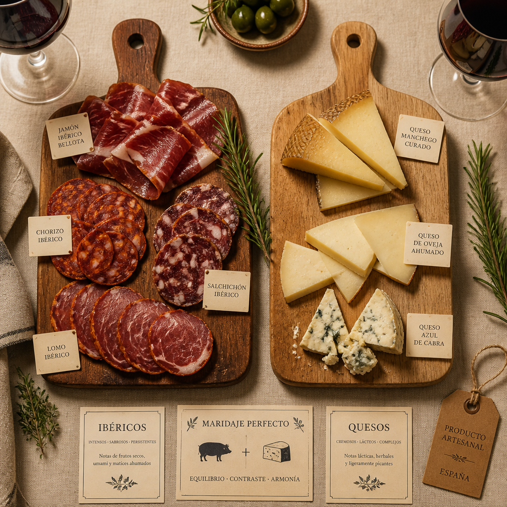 Composición de dos tablas de madera mostrando embutidos e ibéricos versus quesos españoles con elementos de degustación