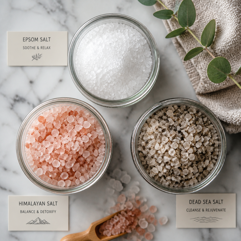 Three jars of different bath salts: Epsom, Himalayan pink, and Dead Sea salt displayed from above