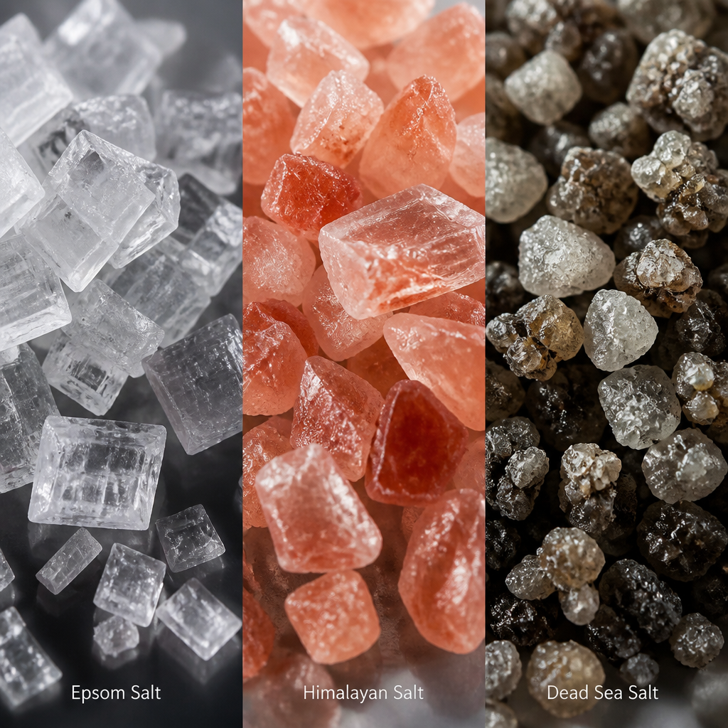 Macro close-up of three salt types showing their distinct crystal structures and mineral compositions
