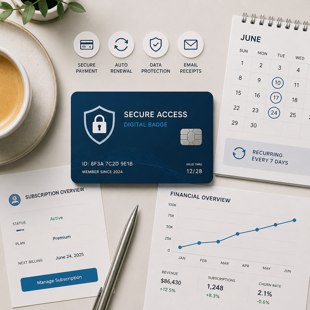 Security card design with shield symbol, payment icons, and calendar showing subscription concept