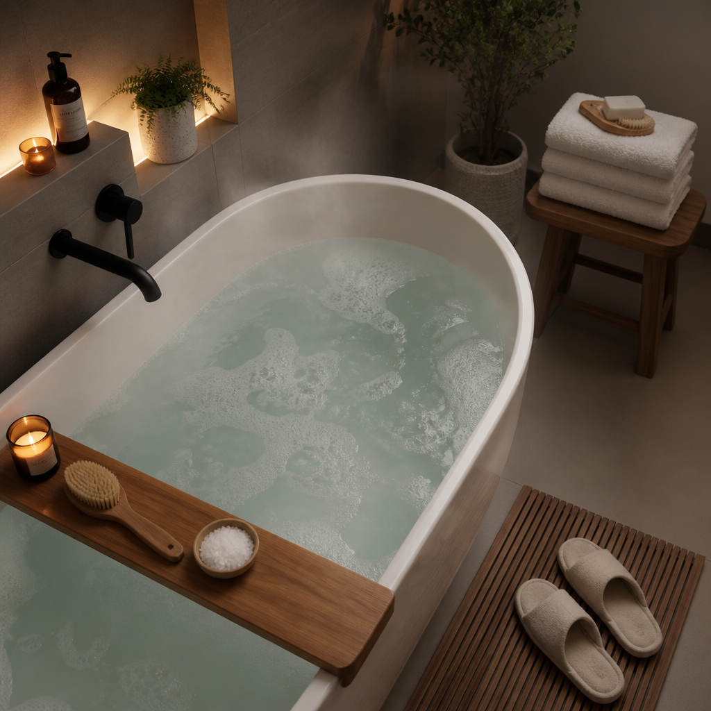 Overhead view of a bath tub filled with dissolved salt bath water in a serene spa-like bathroom setting