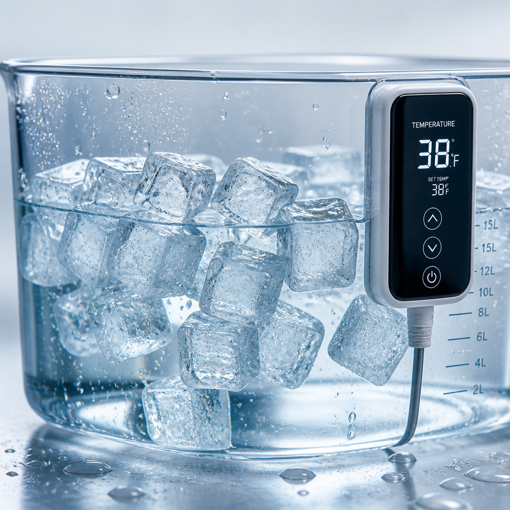 Detalhe de gelo e água fria com medição de temperatura para terapia de imersão