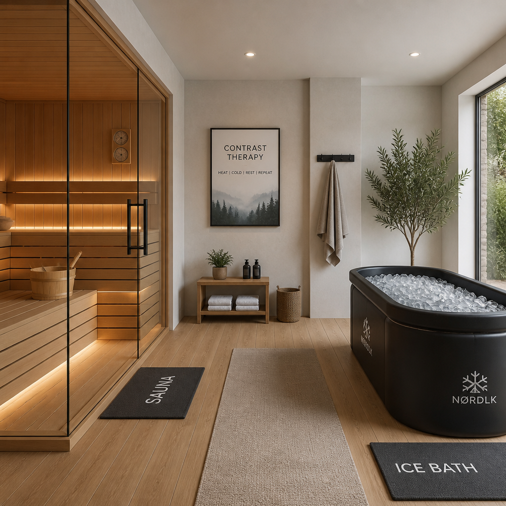 Espaço de terapia de contraste em casa com sauna e banho de gelo lado a lado