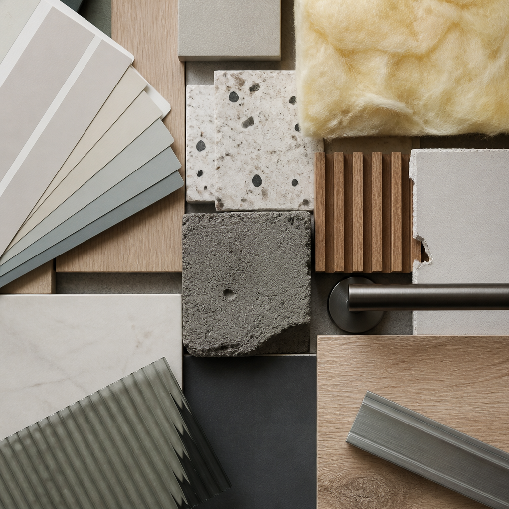 Assortment of building materials and construction elements in flat lay composition