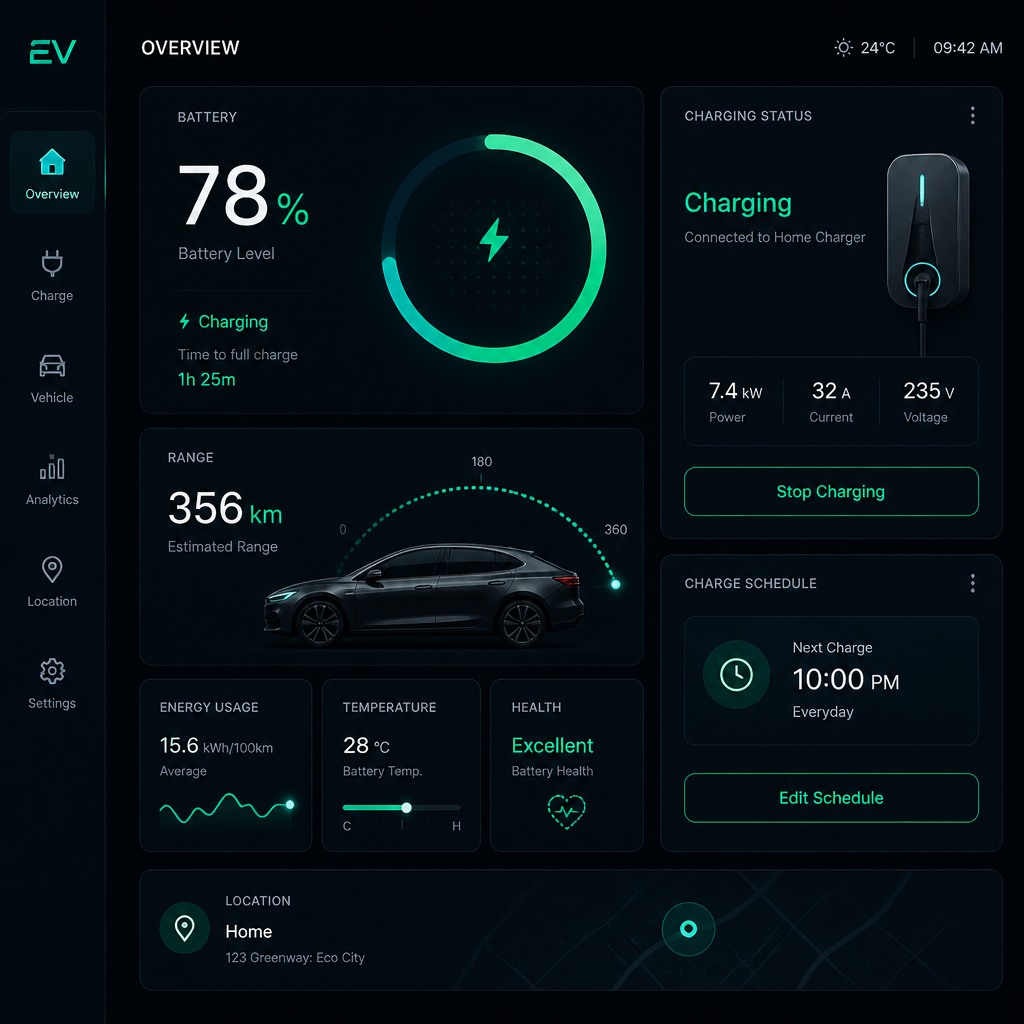 Digital dashboard interface displaying EV battery and range metrics