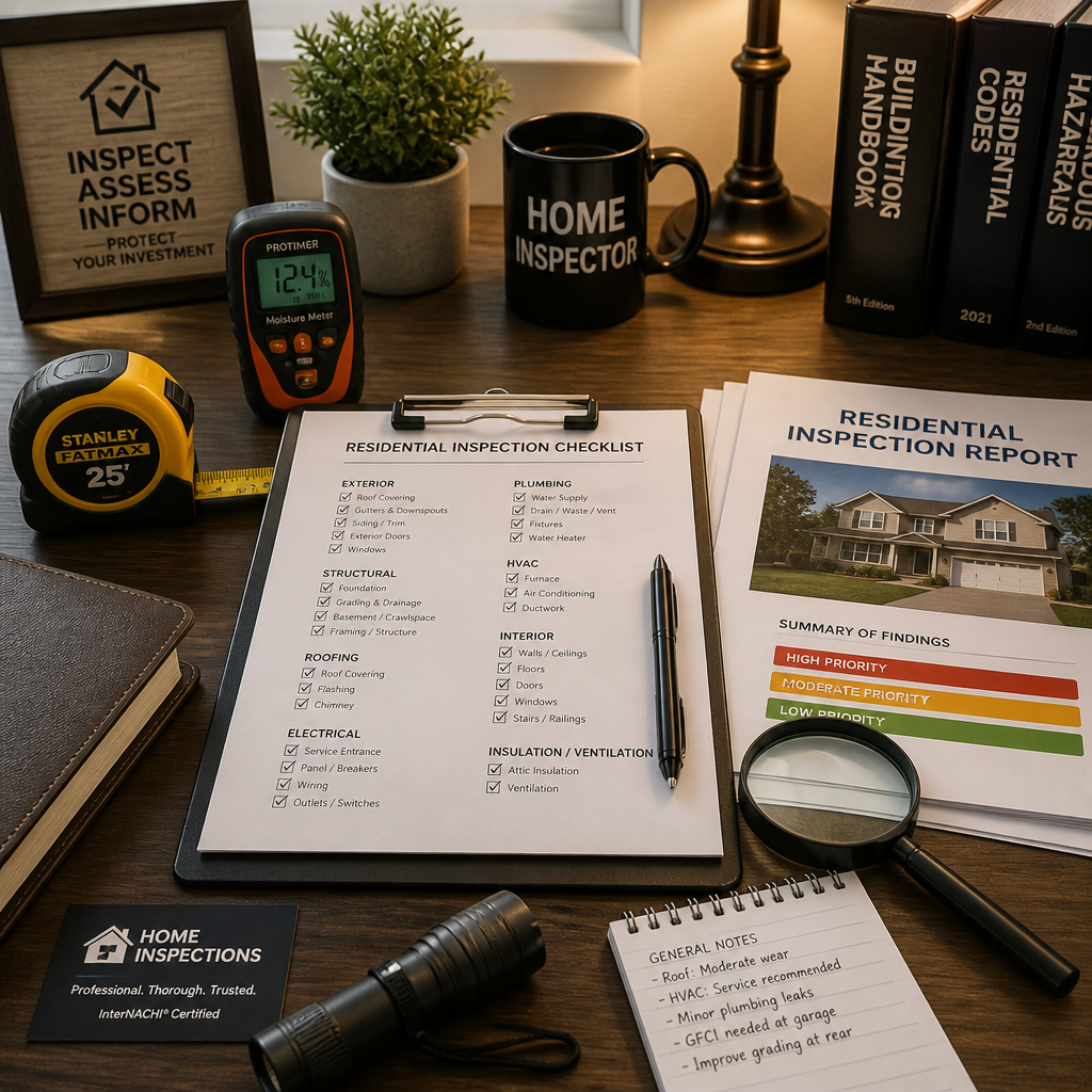 Home inspector's desk with inspection tools and documentation materials