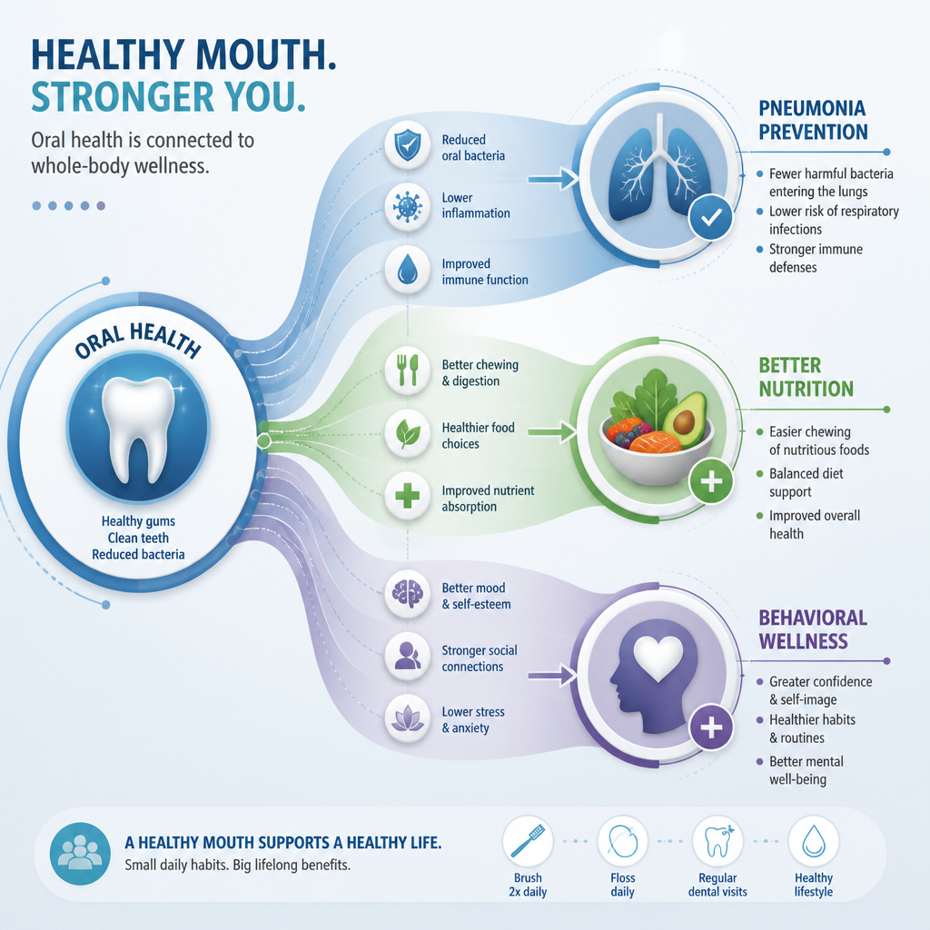 Infographic showing connections between oral health and key health outcomes in care settings