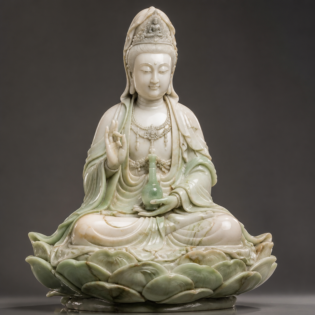 Elegant Guanyin statue carved in marble with delicate robes, gentle expression, seated in meditative pose with soft studio lighting