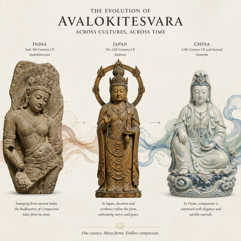 Visual timeline showing the transformation of Avalokitesvara through Indian, Japanese, and Chinese artistic traditions with connected design elements
