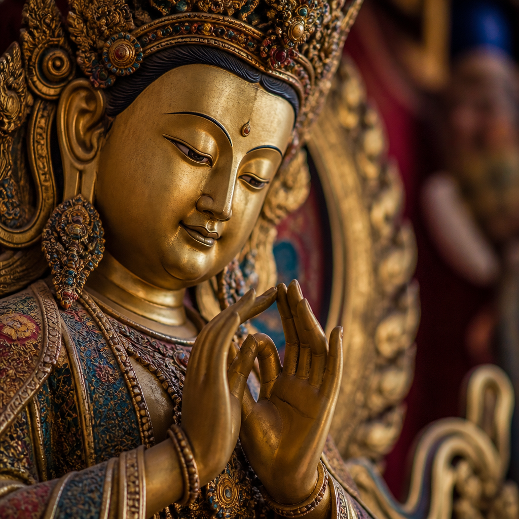 Detailed close-up of Guanyin statue showing ornate crown, delicate hand gesture, and compassionate facial expression with rich carved textures
