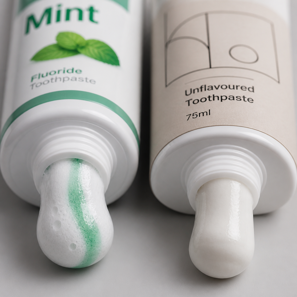 Side-by-side comparison of standard foaming toothpaste and unflavoured sensory-friendly toothpaste tubes