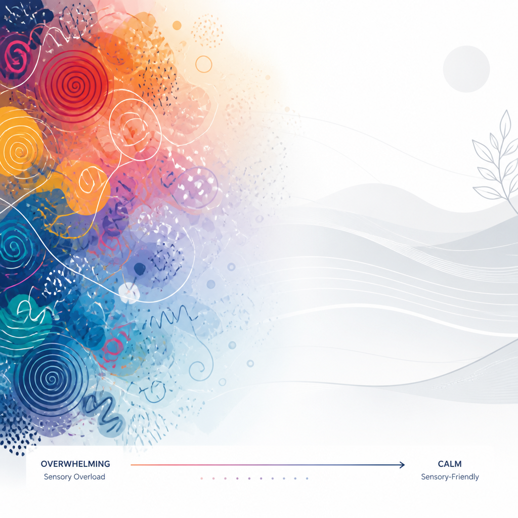 Visual representation of sensory overwhelm versus sensory-friendly calm using abstract design elements