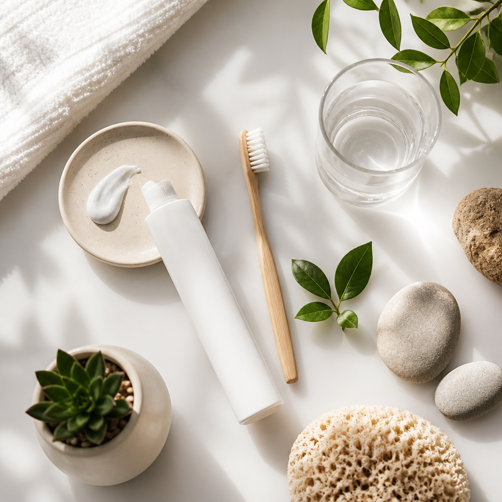 Sensory-friendly oral care routine essentials arranged in a calm, organized bathroom setting