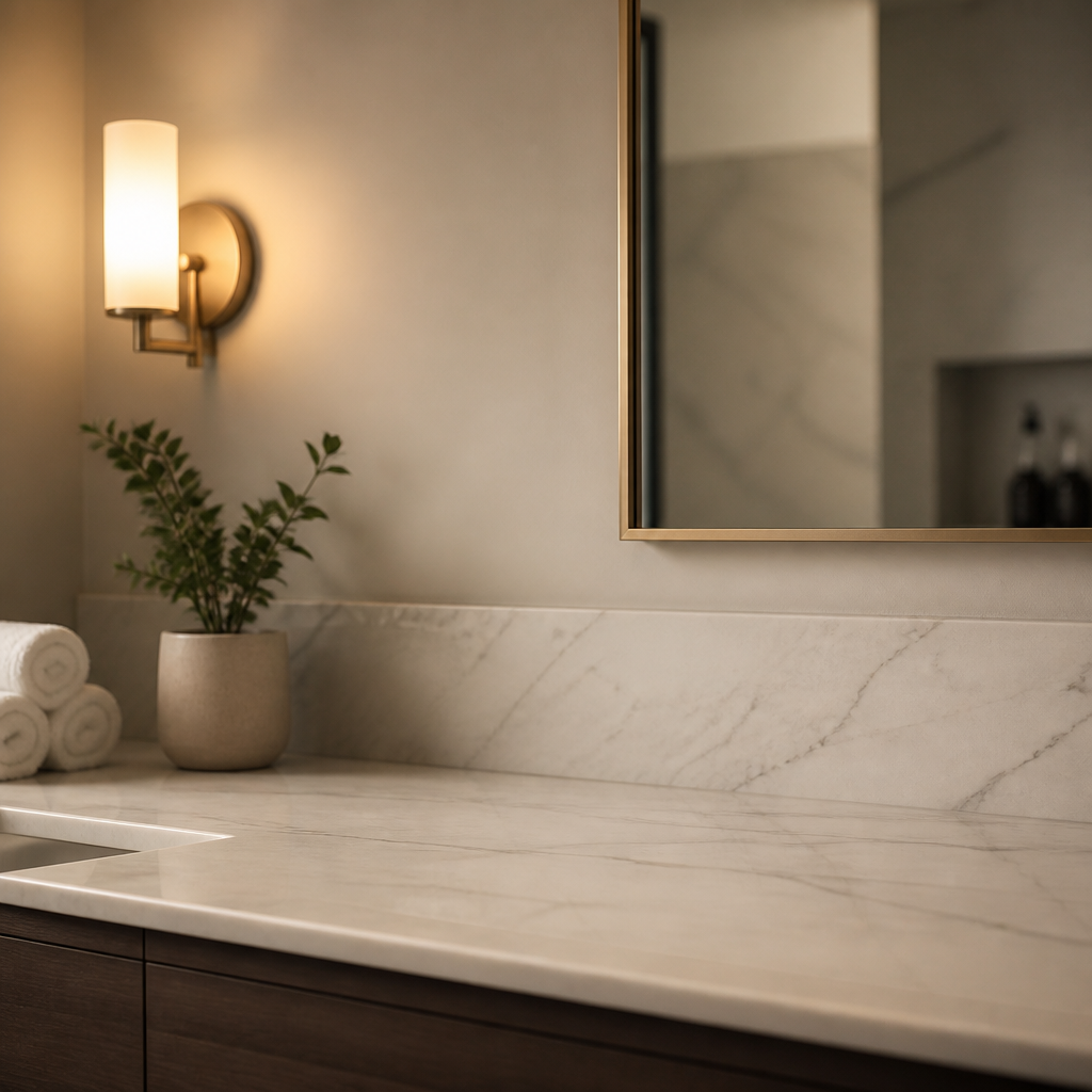 Minimalist bathroom counter with decluttered surfaces and warm lighting