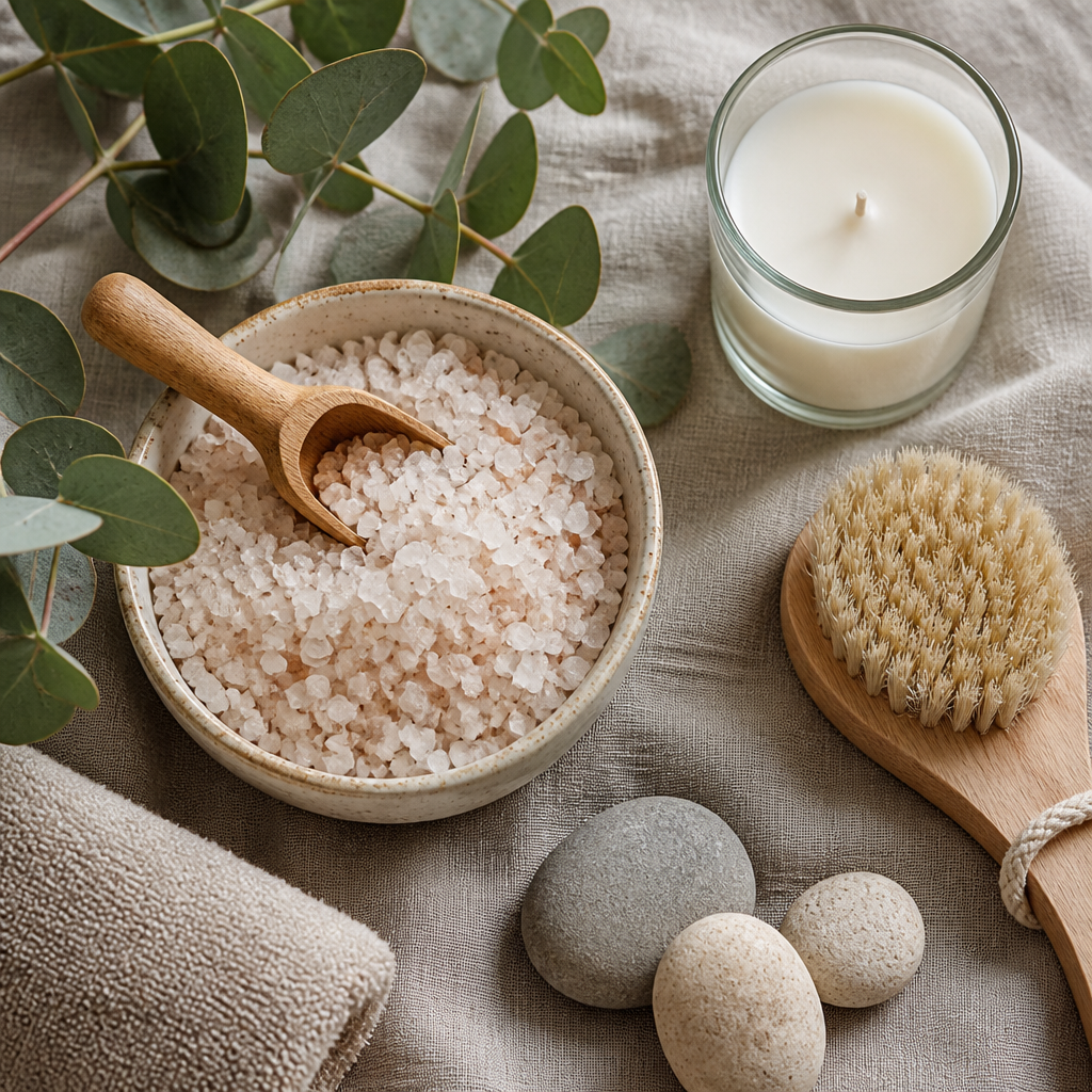 Spa essentials and bath products arranged in a mindful flat-lay composition