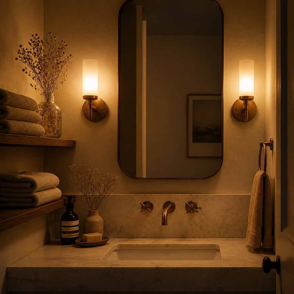Bathroom interior with warm dimmable lighting and soft ambient glow