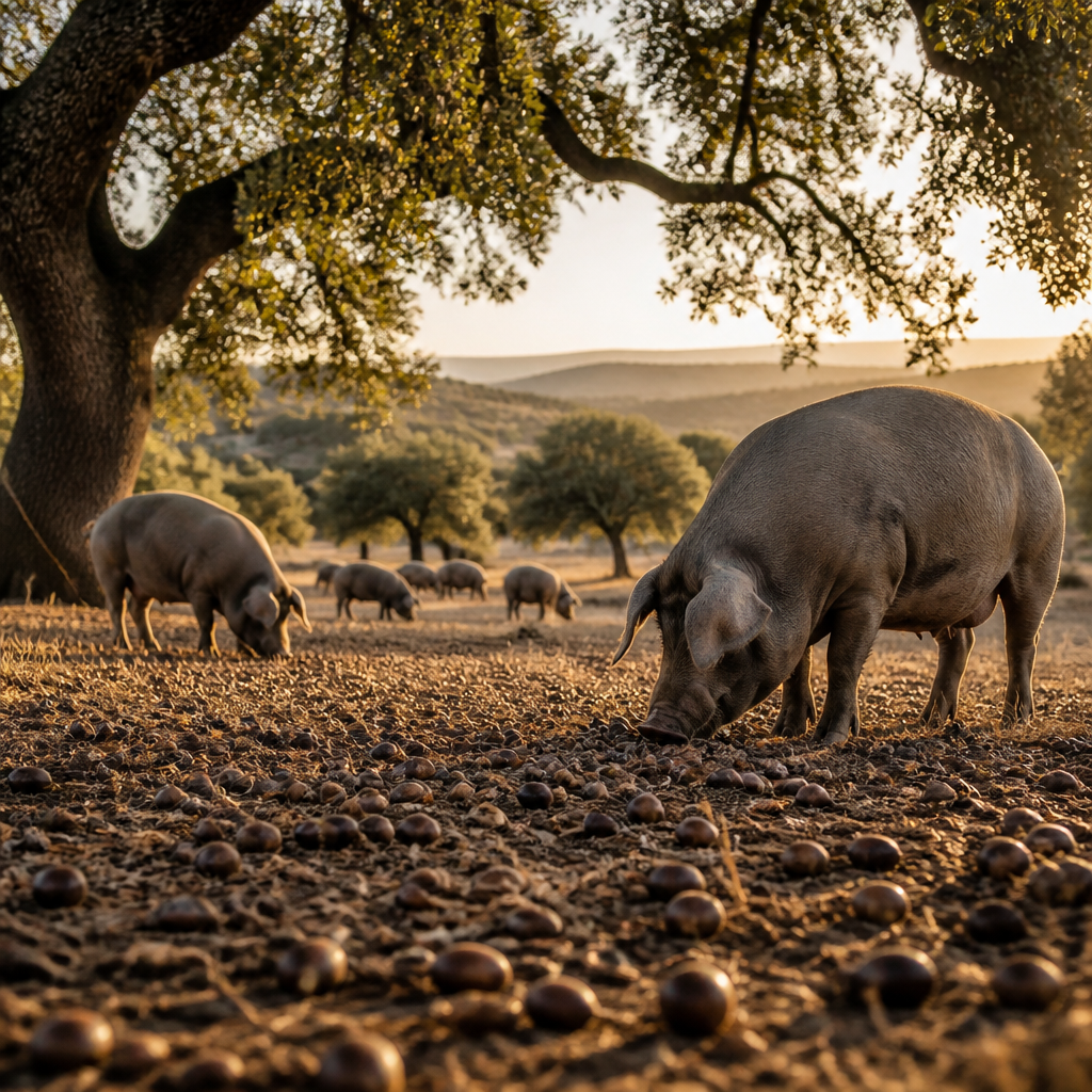Paisaje de dehesa española con encinas y bellotas, terreno de alimentación natural del cerdo ibérico