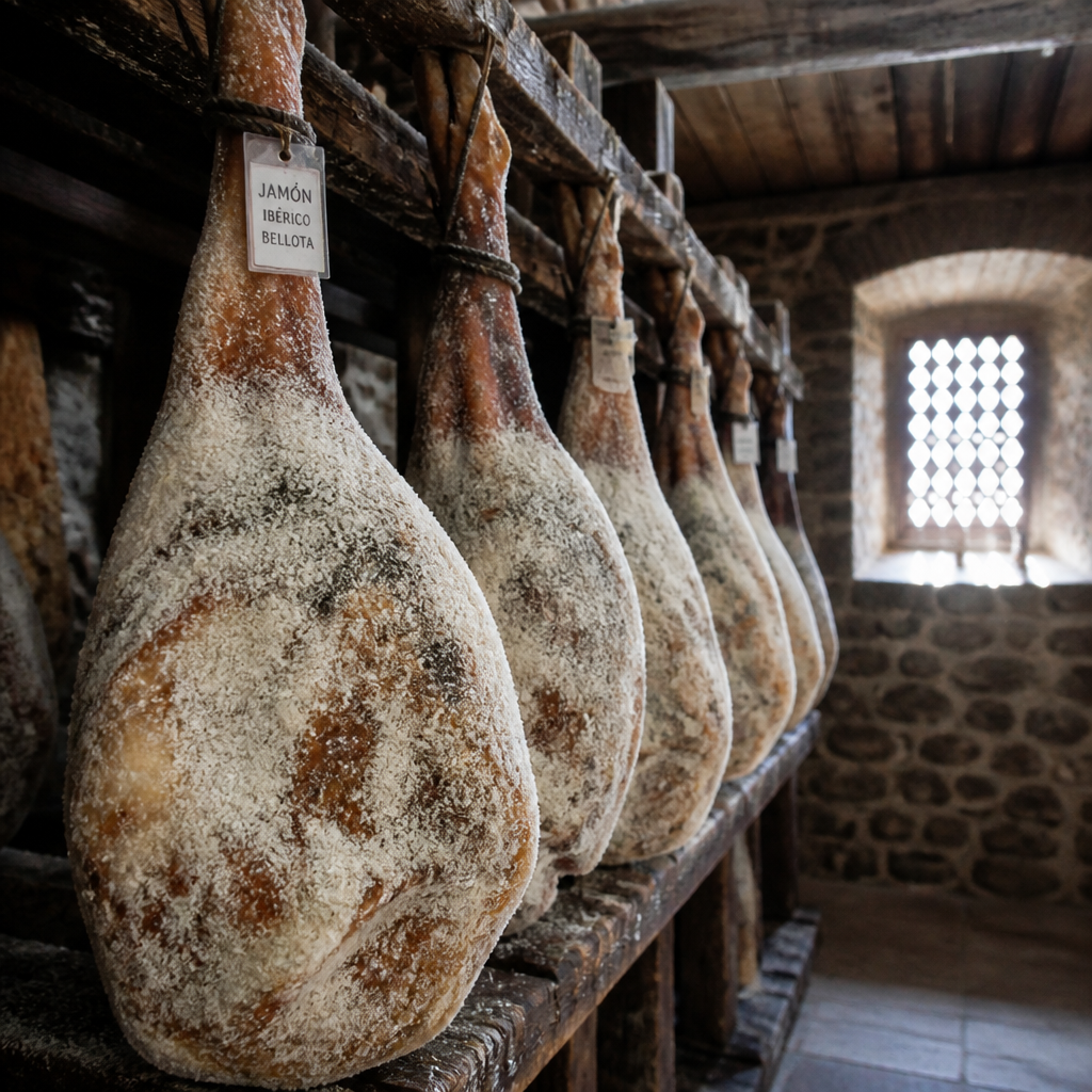 Jamones ibéricos curados colgados en bodega tradicional con sal y vigas de madera rústica