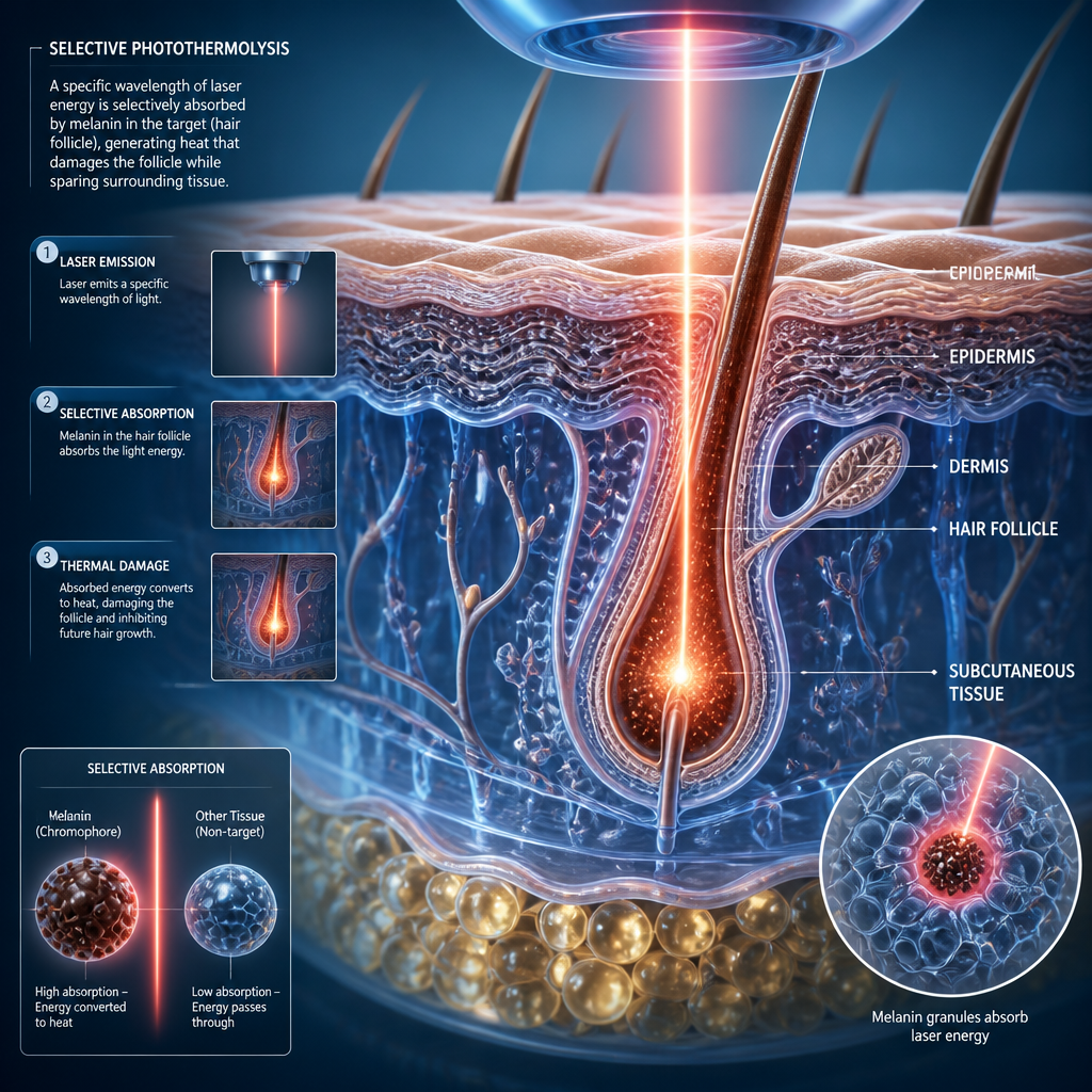 Scientific visualization of laser energy targeting hair follicles through skin layers