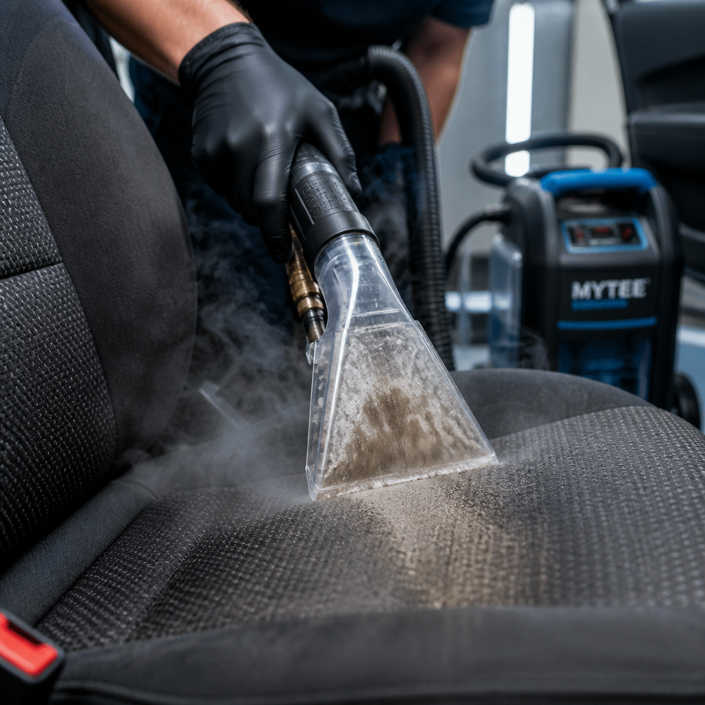 Professional steam extraction equipment cleaning deeply into a car seat during interior detailing