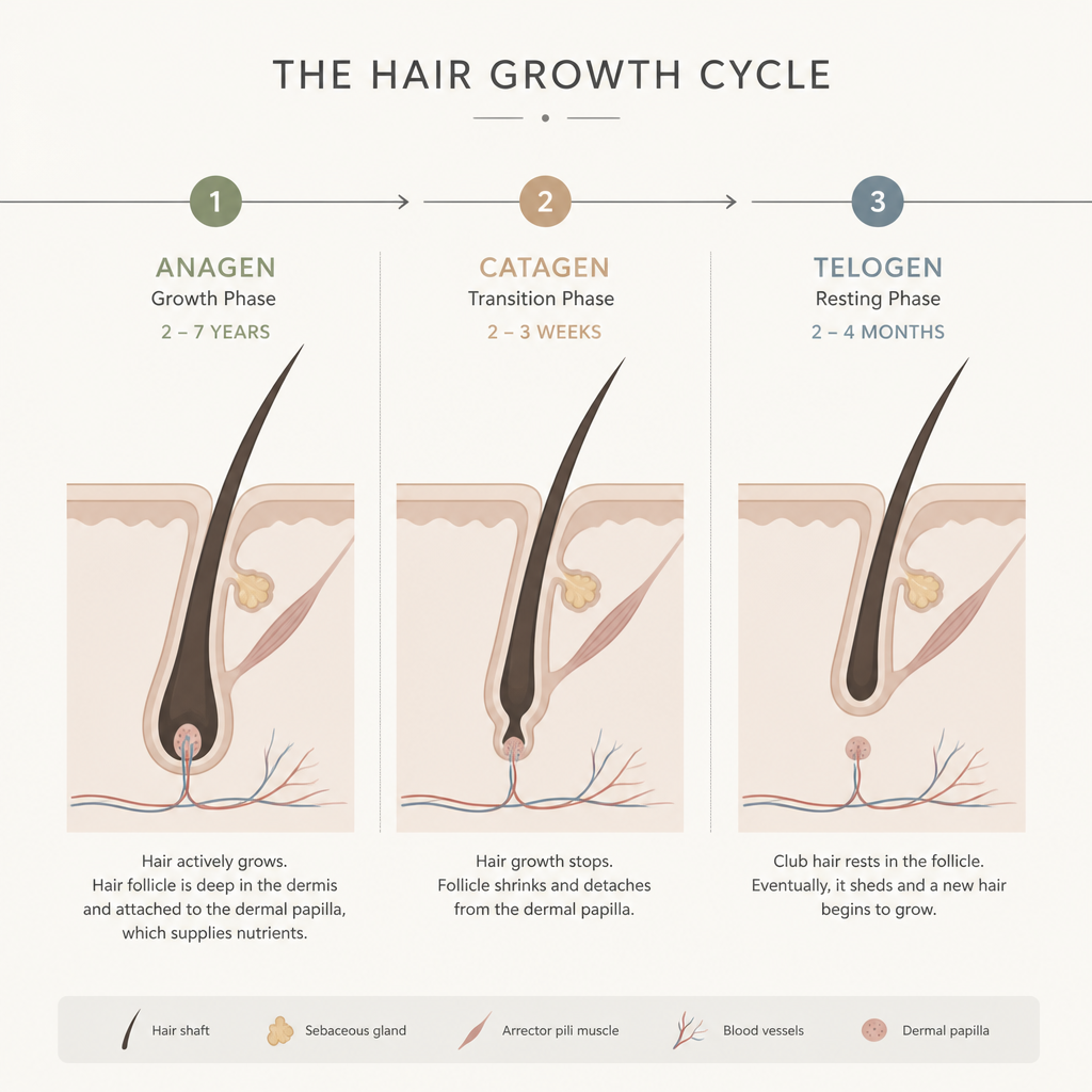 Timeline diagram showing the three phases of hair growth cycles