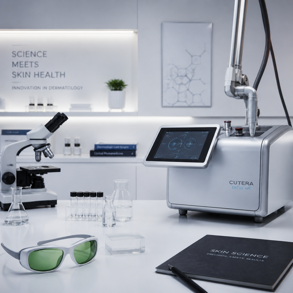 Professional laser treatment facility workspace with medical equipment