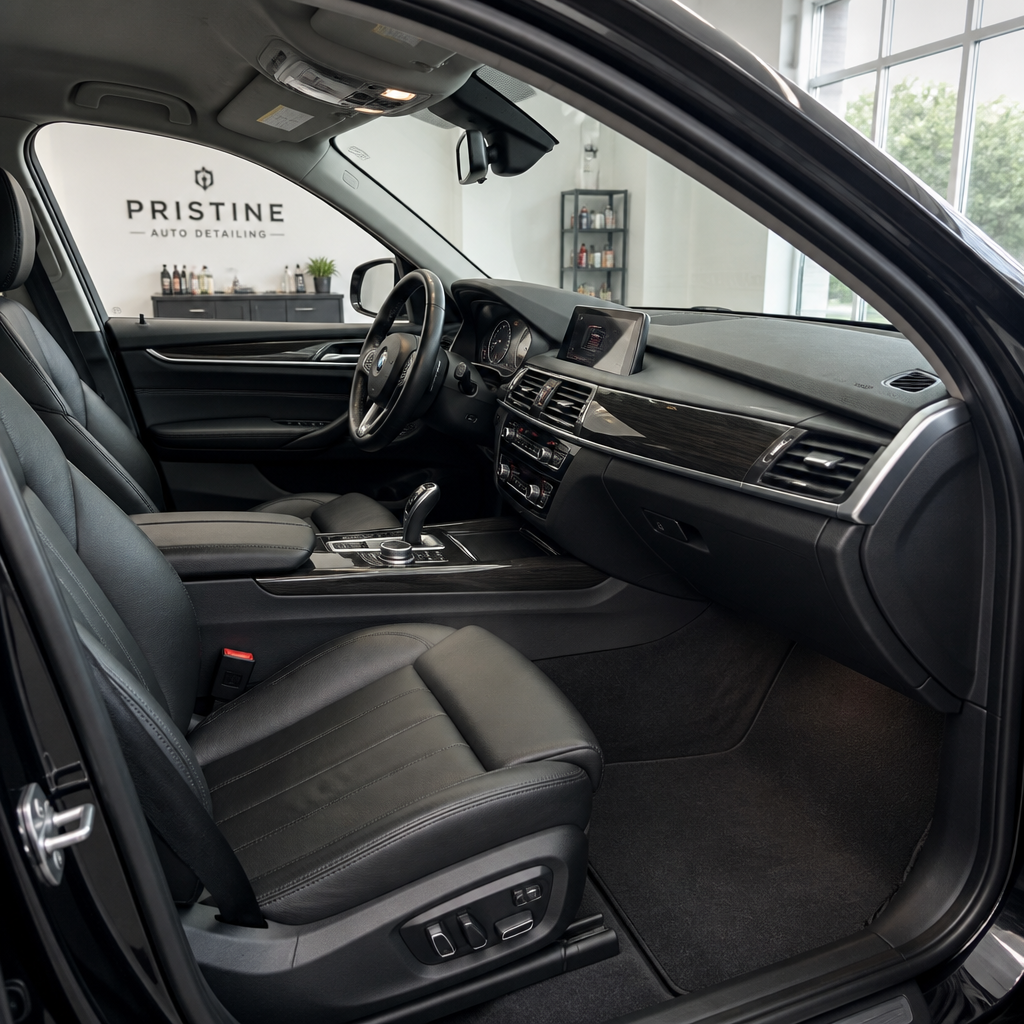 Transformed car interior cabin displaying restored leather seats and deep-cleaned carpeting after professional detailing