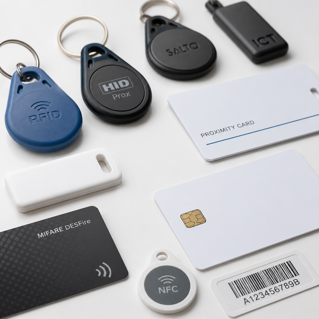 Various RFID key fobs, proximity cards, and access tags displayed on white surface