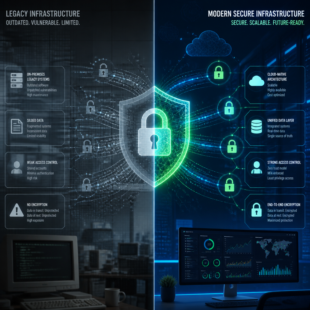 Digital security visualization comparing legacy and modern access control technology
