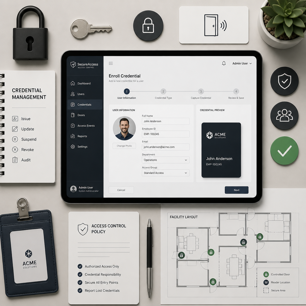 Access control management dashboard with credentials, security icons, and facility blueprint