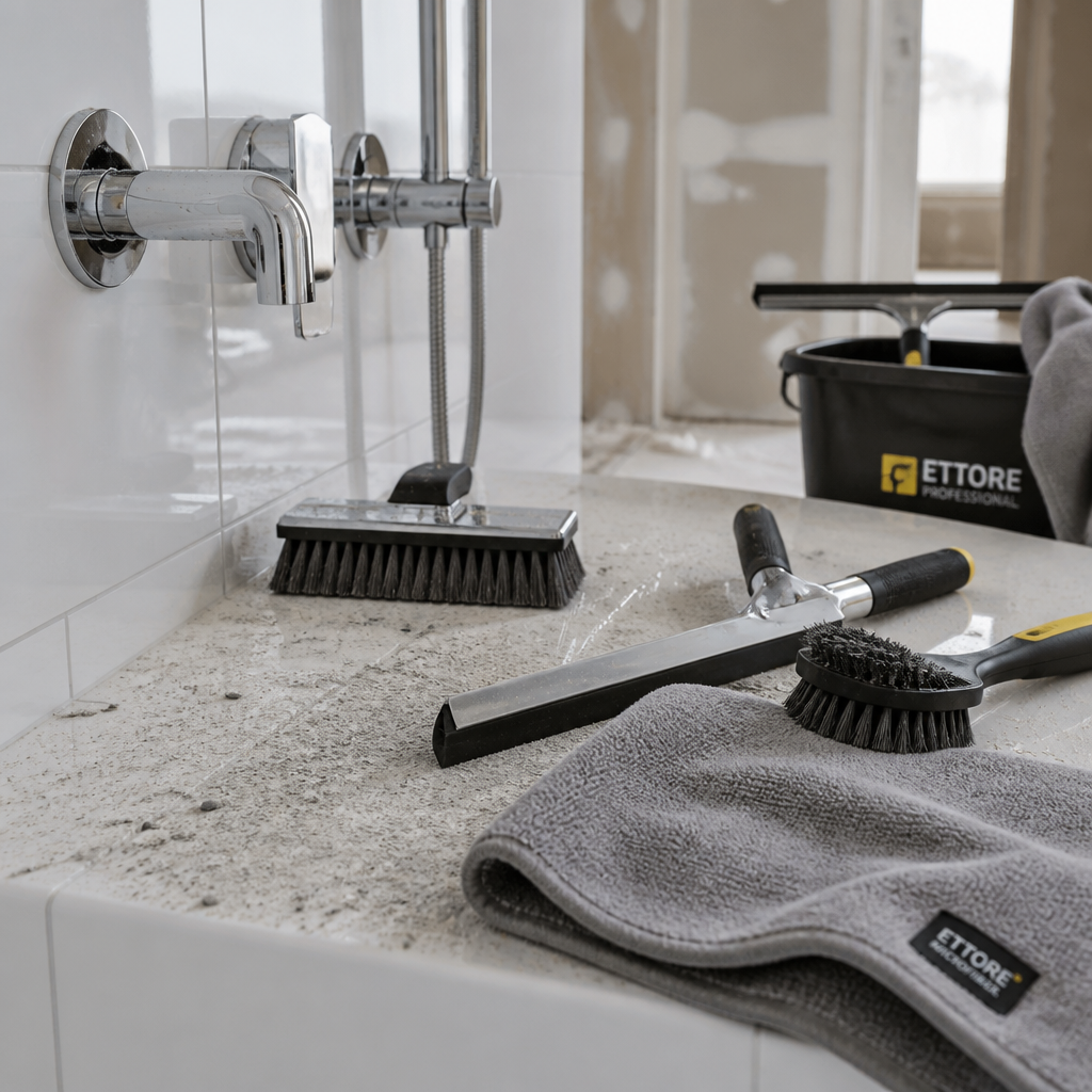 Professional builders cleaning tools and construction dust on bathroom tiles used for Builders Cleaning by Vibrant Property services 