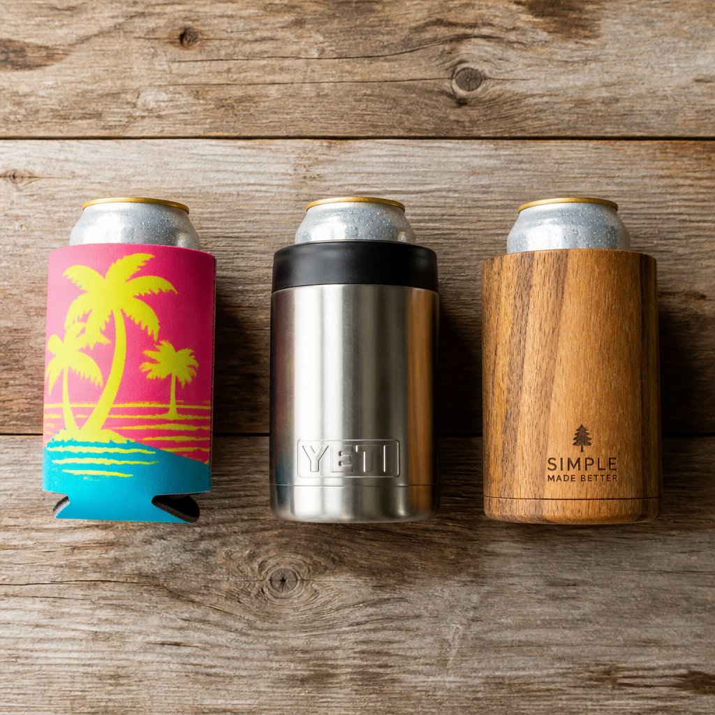 Three types of beverage insulators arranged for comparison: foam koozie, stainless steel can insulator, and wooden can sleeve
