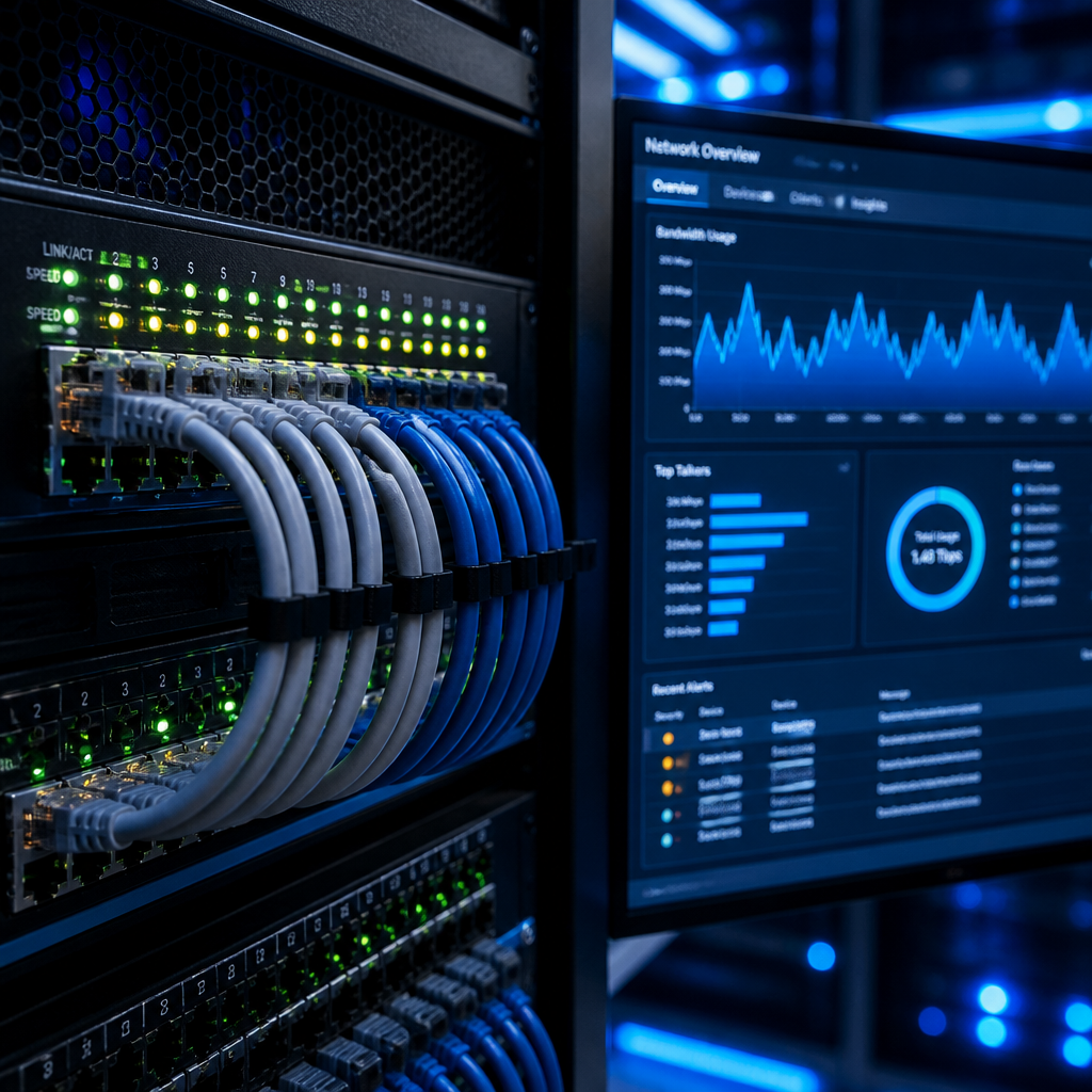 Network switch med LED-indikatorer og båndbredde-diagrammer på skærm