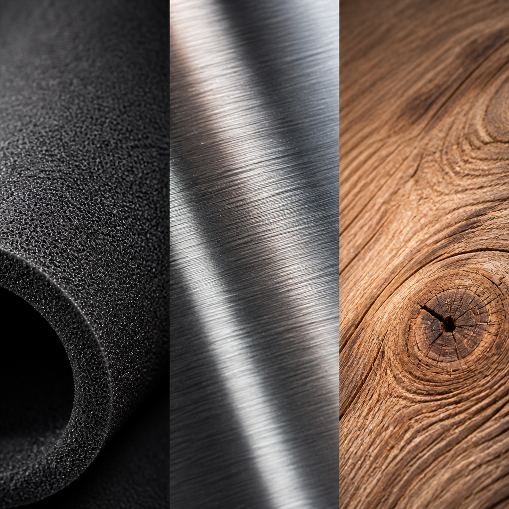 Close-up textured comparison of foam, steel, and wood materials used in beverage insulators