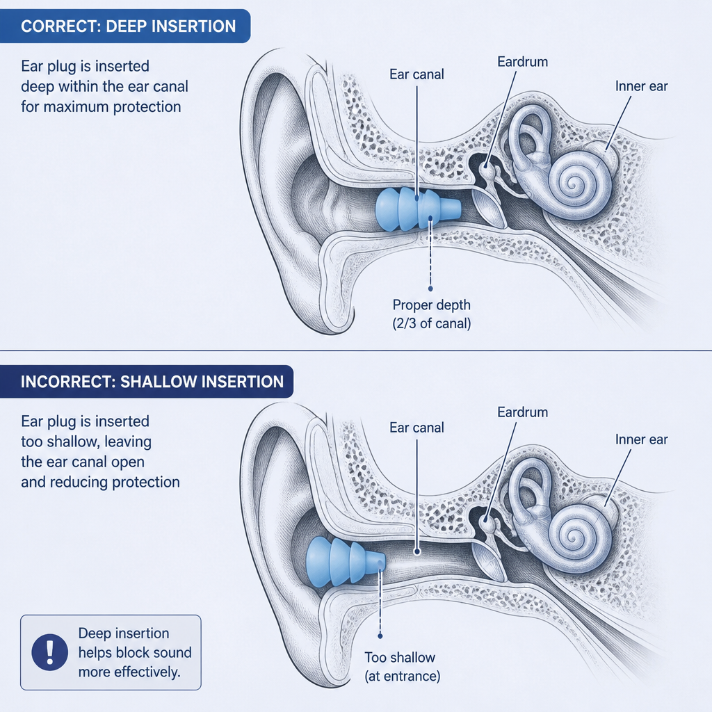 Diagram comparing deep versus shallow ear plug insertion in the ear canal